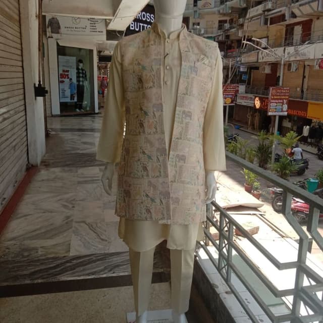 Cream, Beige, with pastel accents of pink, blue, green, and yellow Kurta and Nehru Jacket Set
