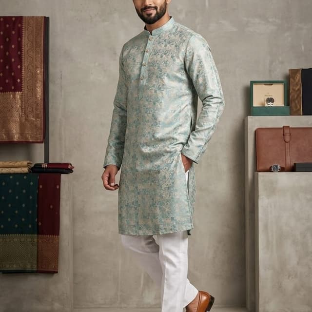 Pale Blue with subtle beige/greyish floral print Kurta