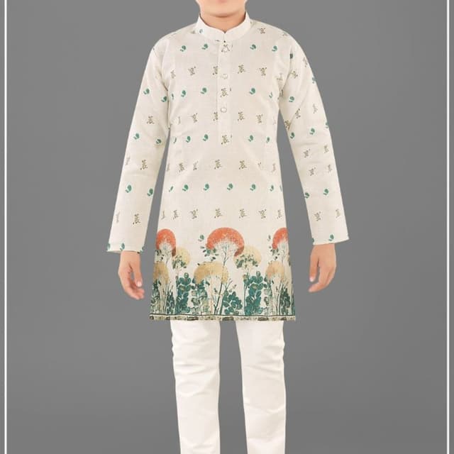 Off-white, green, orange, cream Kurta Pyjama Set