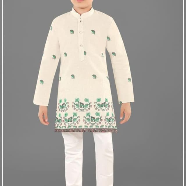 Cream, Green, White Kurta and Pants Set