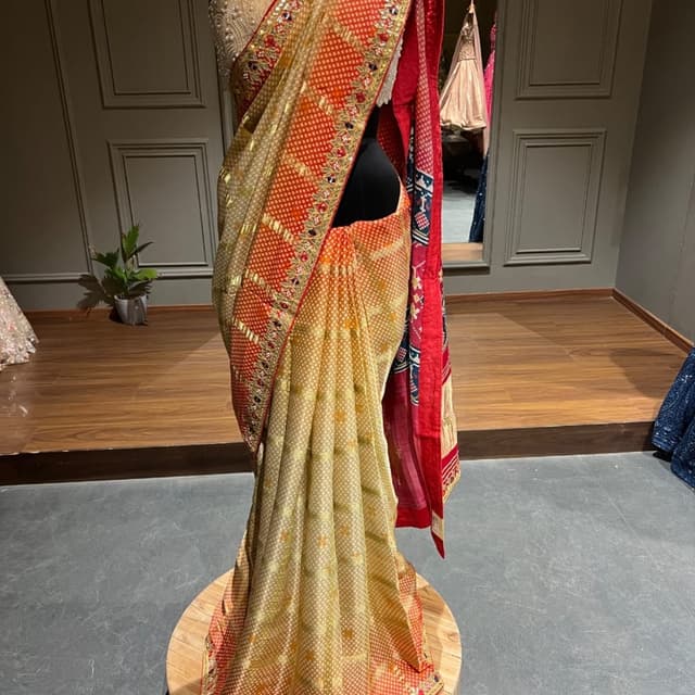 Gold, Orange, Red, Blue, White Saree and Blouse