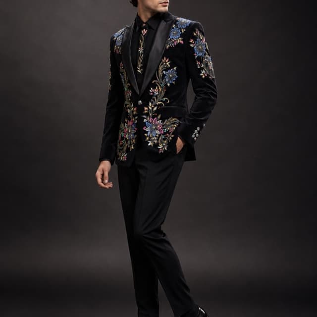 Black with multicolored floral embroidery Suit Jacket