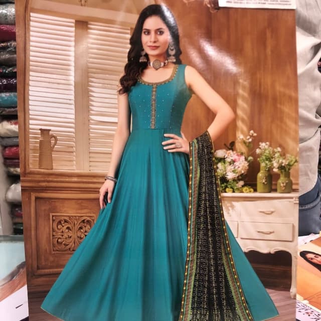 Teal blue, black, gold, red, green Anarkali suit
