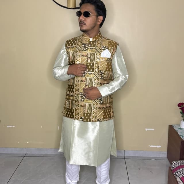 Olive green, gold, white, and silver Kurta pajama with Nehru jacket