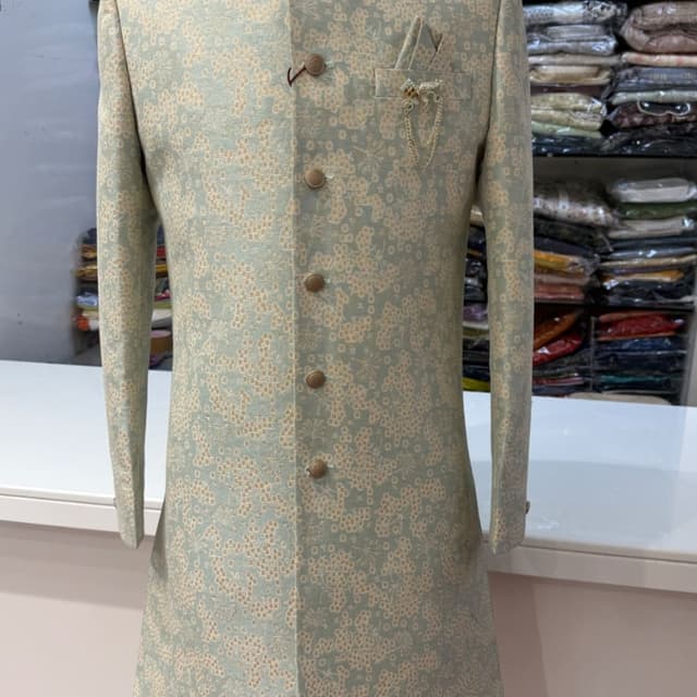 Pale blue with a cream/beige floral pattern Sherwani/Jodhpuri Suit Jacket