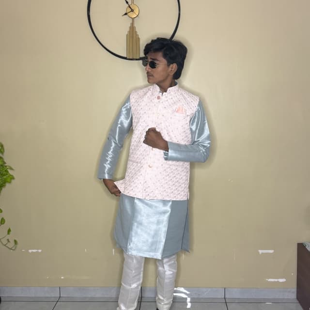 Pastel Pink, Baby Blue, White, Black Kurta Set with Nehru Jacket