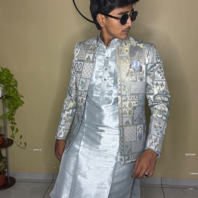 Light Blue, Silver, Gold Sherwani Set (Kurta, Pyjama, and Jacket)