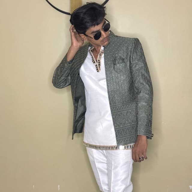 Green, White, Gold Sherwani/Bandhgala Set