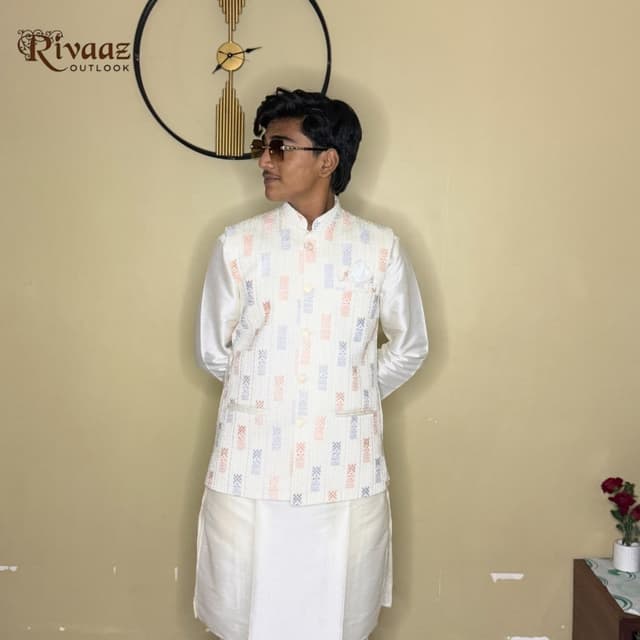 Off-white, pastel blue, pastel orange Sherwani Set