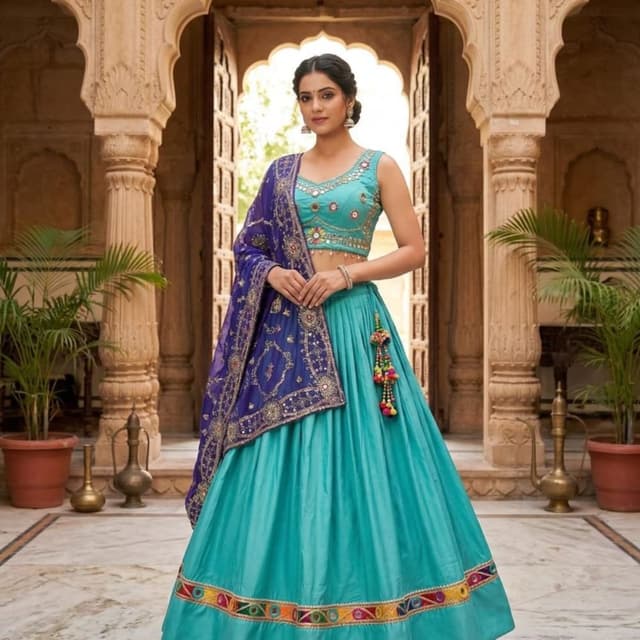 Teal, Royal Blue, Multicolor border and tassels Lehenga Choli
