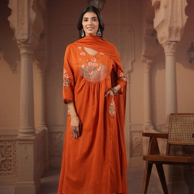 Orange, Peach, White, Green Kurta Set