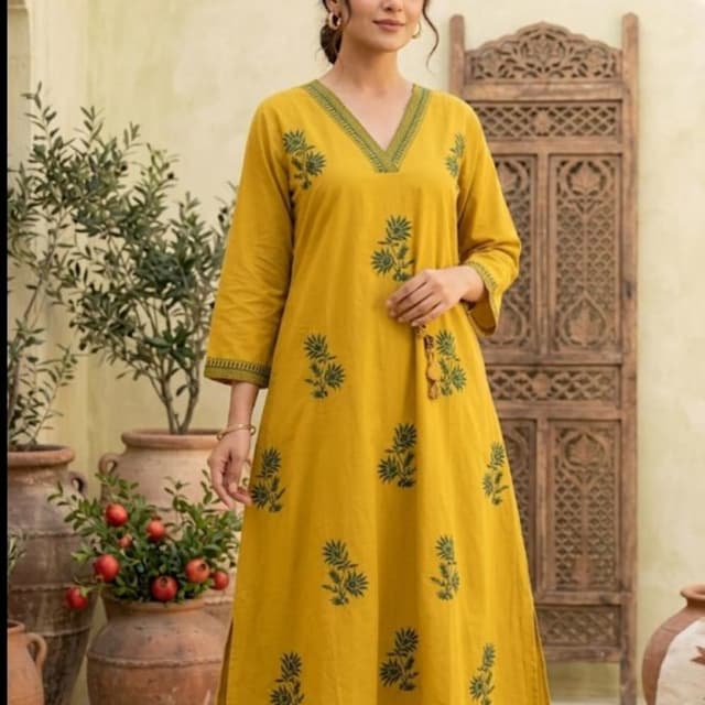 Yellow with green floral print Kurta and Palazzo Set