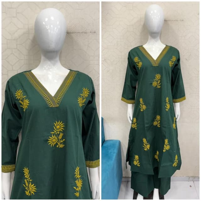 Deep Green with Yellow Embroidery Kurta and Pants Set
