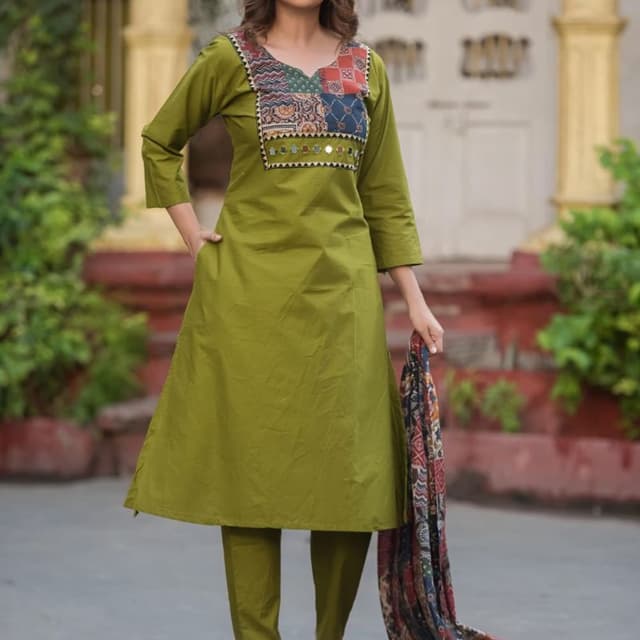 Olive green, multicolor patchwork with red, blue, and earthy tones Kurta and Pants Set with Dupatta