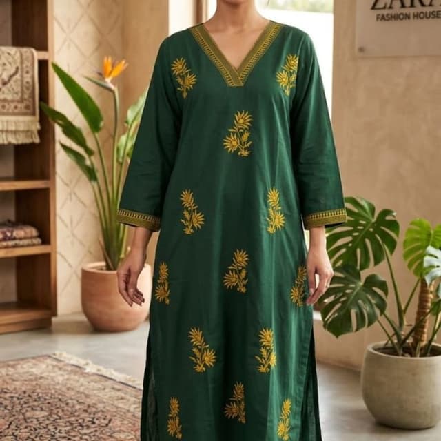 Deep Green with Yellow Embroidery Kurta and Pants Set