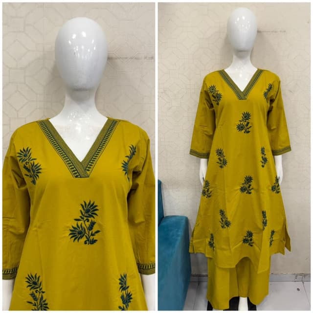 Mustard Yellow with dark green floral print Kurta with Palazzo pants