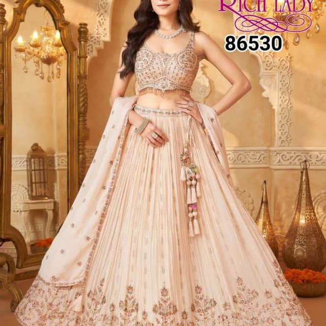 Peach, Gold Lehenga Choli