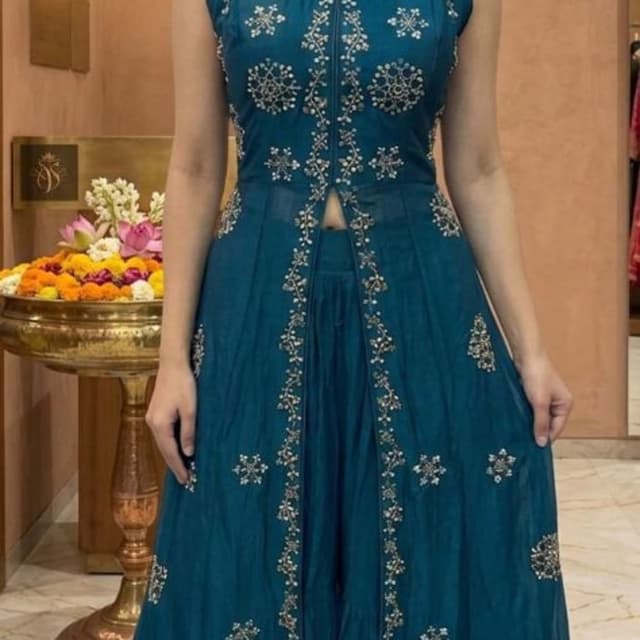 Teal with silver embellishments Lehenga Choli (with jacket/overlay)