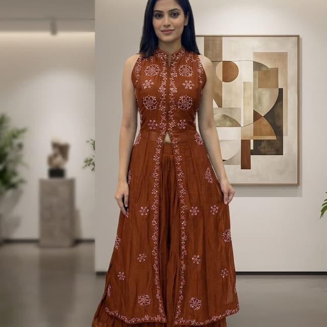 Brown with pink embellishments Jacketed Salwar Kameez with Palazzo