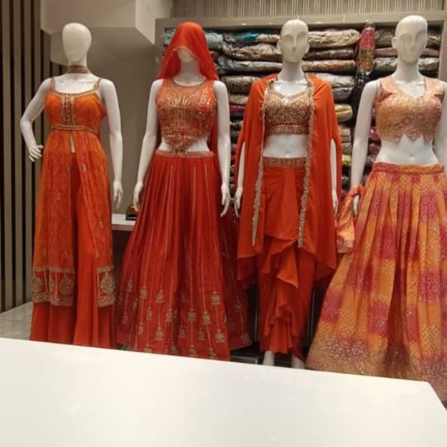 Orange, Red, Gold Lehenga Choli, Sharara Set, Anarkali Style Outfit