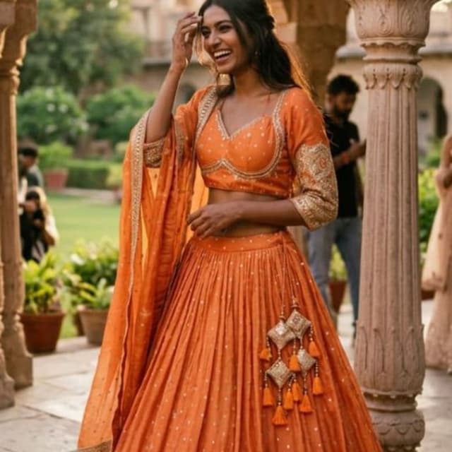 Orange, Gold Lehenga Choli