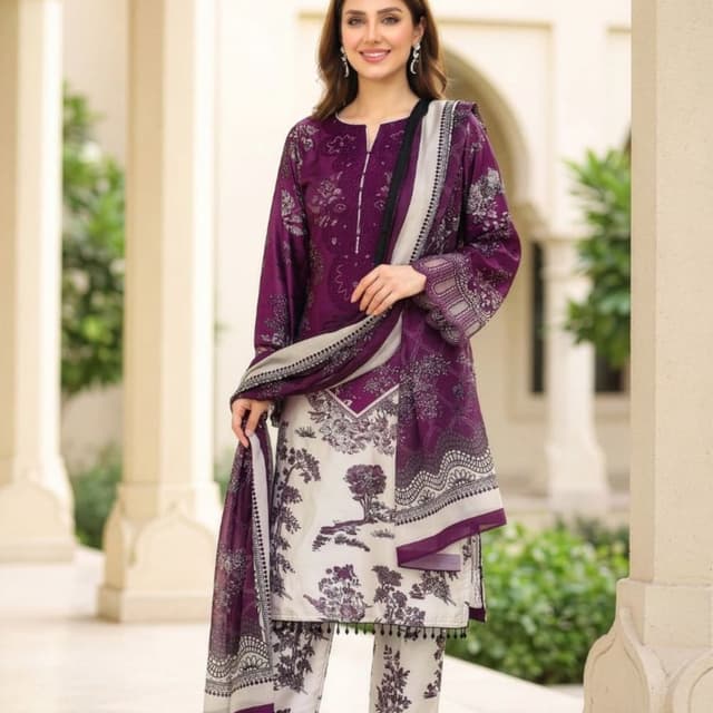 Purple and White with Black accents 3-piece Suit (Kurta, Pants, Dupatta)