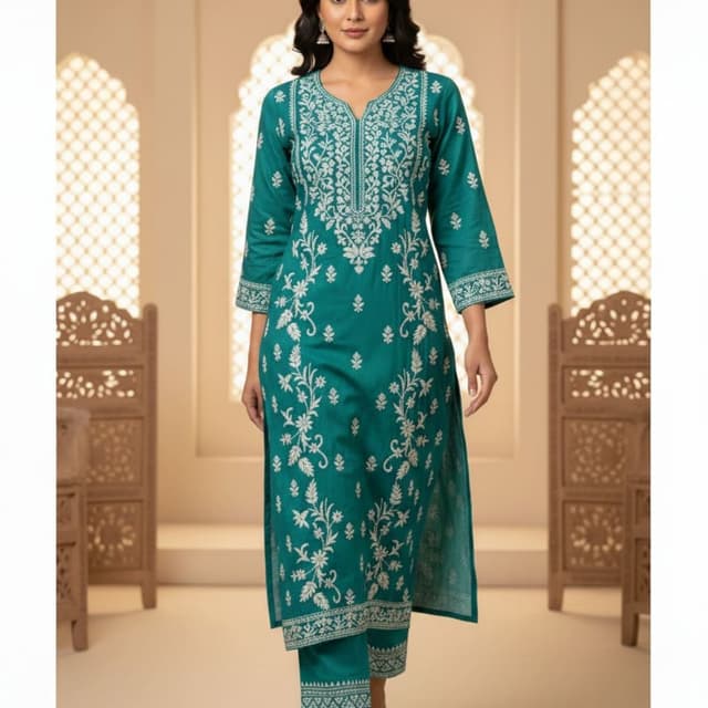 Teal green with white embroidery Kurta and Pants Set