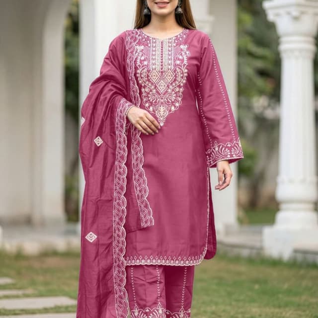 Mauve with White Embroidery Salwar Kameez Suit with Dupatta