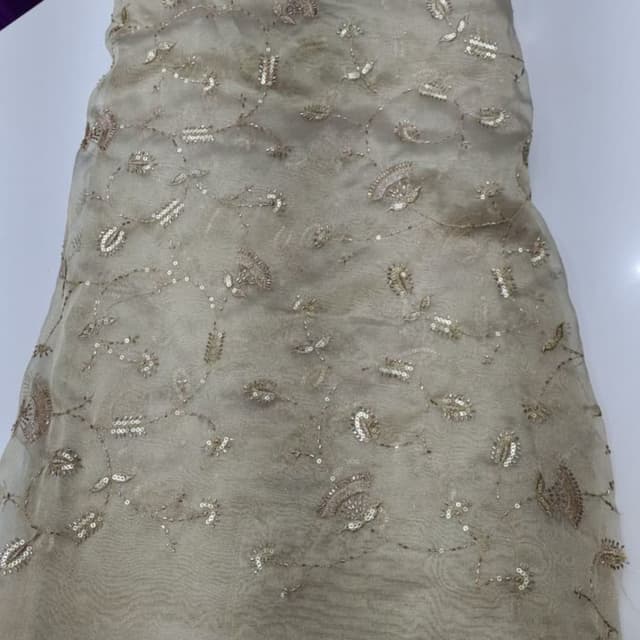 Beige with gold and silver embellishments Fabric/Unstitched Material