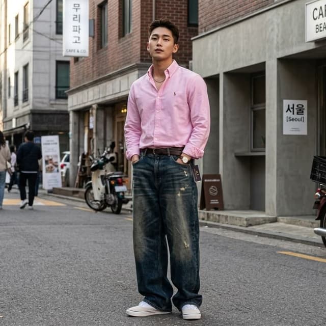 Pink, Blue, Brown, White Shirt and Jeans