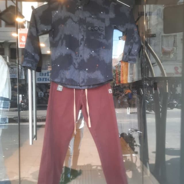 Dark blue with white and orange splatters, maroon pants Shirt and Pants Set