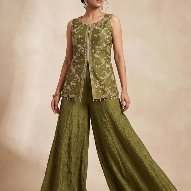 Olive Green Jacket and Palazzo Pants Set