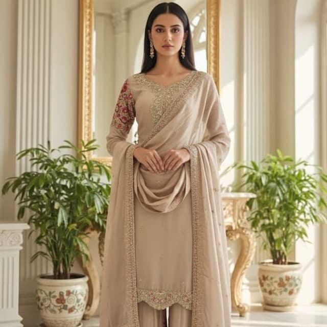 Beige, Pink, Gold Sharara Suit