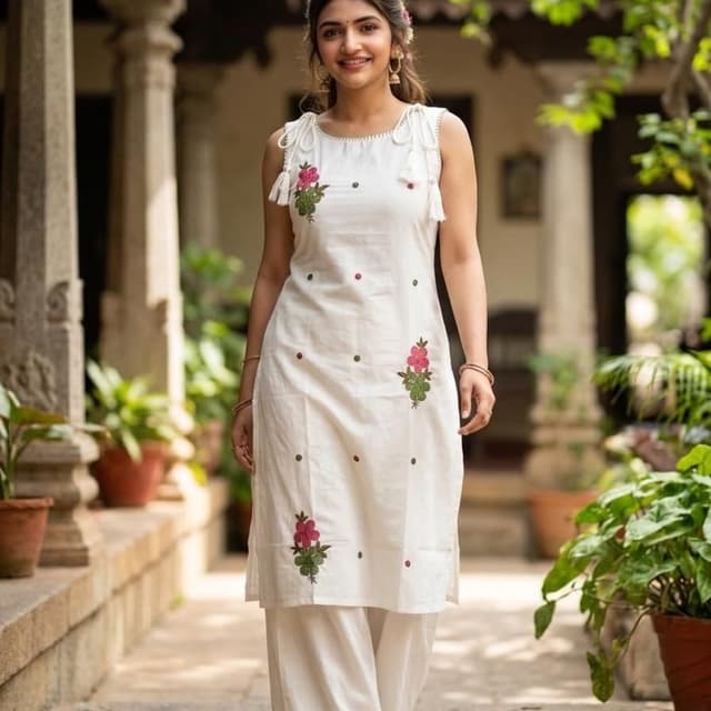 White with pink and green floral embroidery Kurta with Palazzo pants