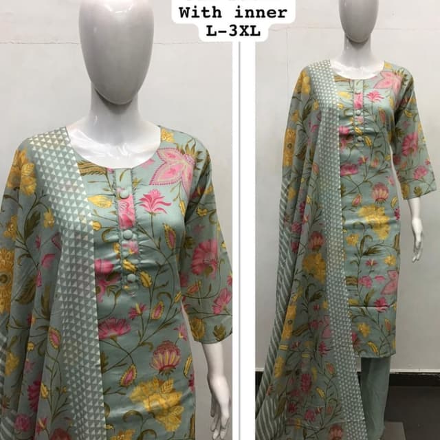 Sage green with pink and yellow floral print Kurta with inner and dupatta (unstitched suit material)