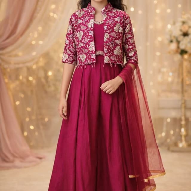 Deep pink with silver and gold accents Anarkali dress with jacket