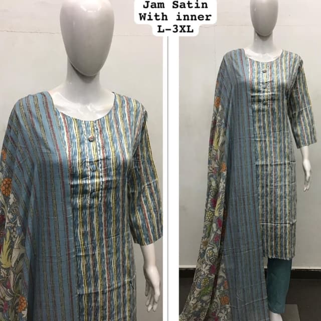 Blue, yellow, red, white stripes with floral accents Kurta and Dupatta Set