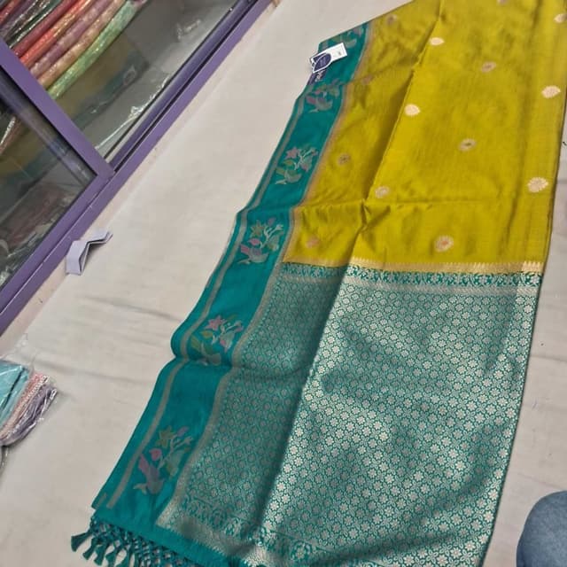 Mustard Yellow, Teal Green, Metallic Silver Saree