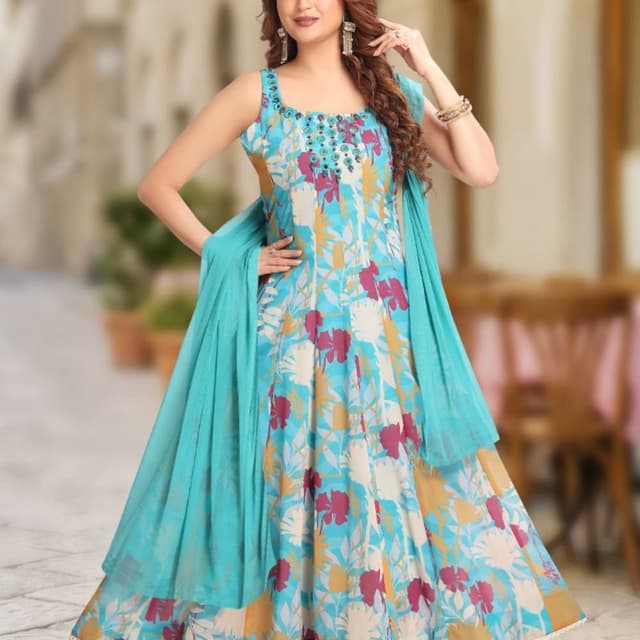 Turquoise, White, Pink, Yellow, Maroon Anarkali Suit