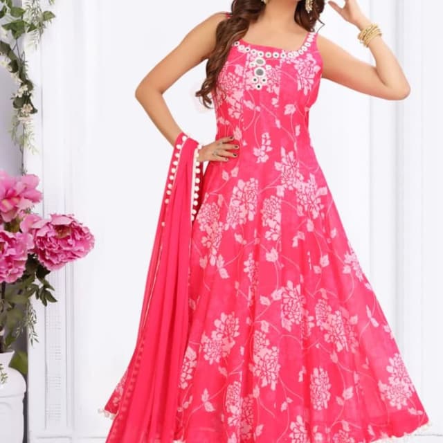 Hot Pink with White floral print Anarkali Suit Set