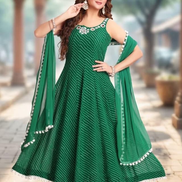 Green with white pattern Anarkali Suit with Dupatta and Pants