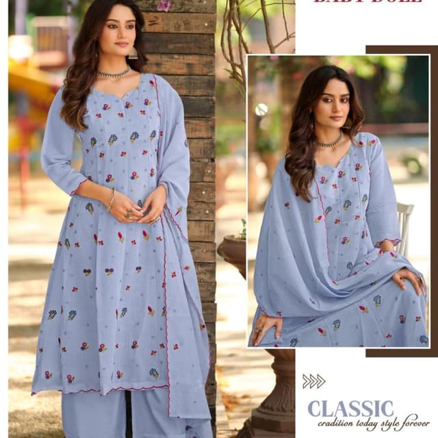 Baby Blue with multi-color floral print Kurta Set with Palazzo and Dupatta