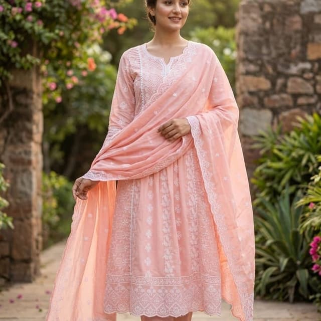 Peach with White Kurta Set (Kurta, Pants, Dupatta)