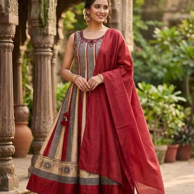 Maroon, Beige, Grey, Black Anarkali Suit
