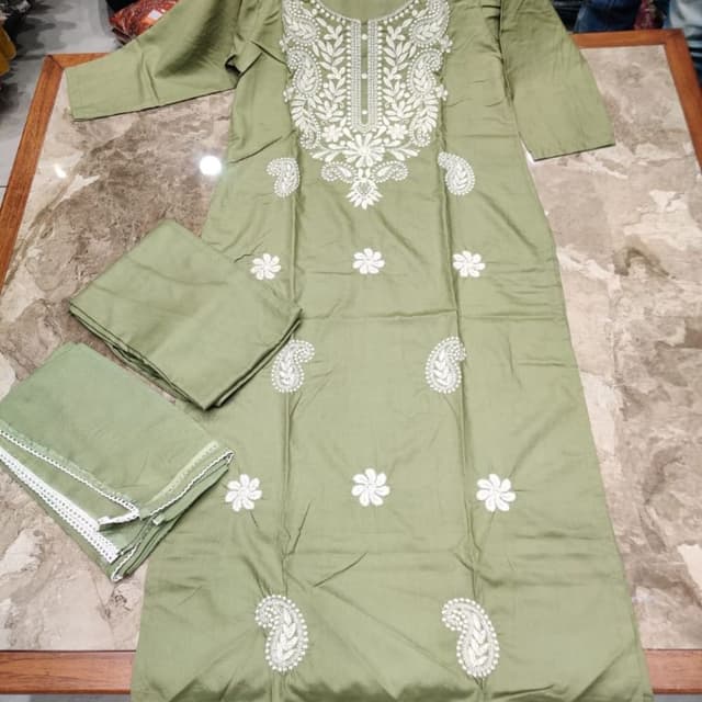 Sage Green with White Kurta Set (Kurta and Pants/Dupatta)