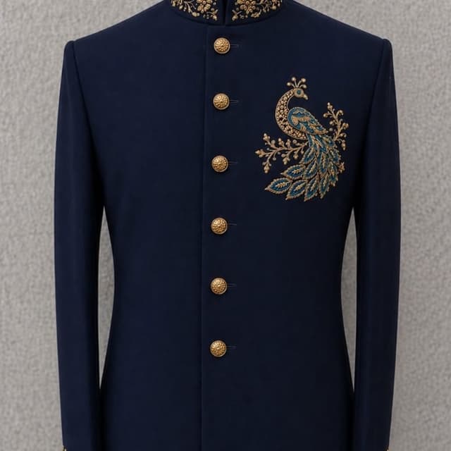 Navy Blue with Gold and Teal Embroidery Sherwani