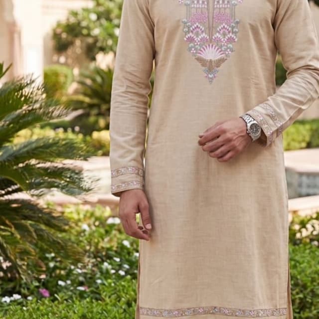 Beige with pink, white, and green embroidery Kurta Set