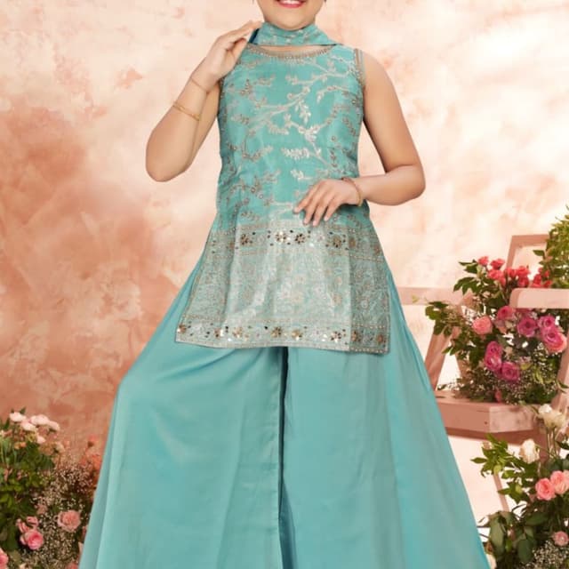 Teal blue with golden embellishments Sharara Suit