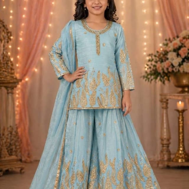 Sky Blue with Gold Embellishments Sharara Suit