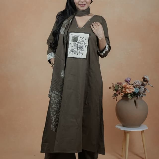 Olive Green with White and Beige accents Kurta Set with Dupatta